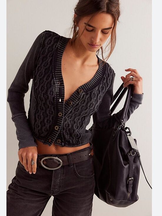 Free People Sweaters - FREE PEOPLE We The Free Snapshot Cable Cardigan Washed Black Sz Small